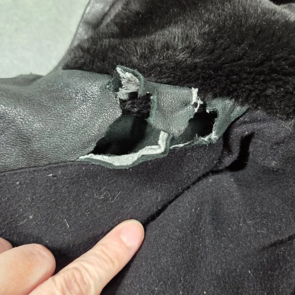 Vintage Sonoma Black Leather Coat Womens Small Fleece Lined Hooded Y2K READ